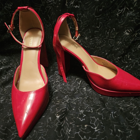 Express Shoes - Express Red Patent Pointed Toe Ankle Strap Heels